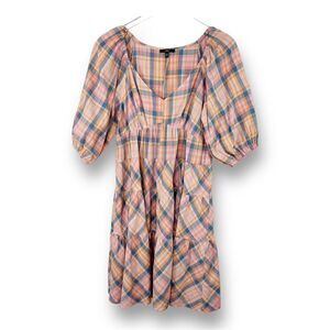 DREW Tan Plaid Country Cottage Tiered Babydoll Dress Sz‎